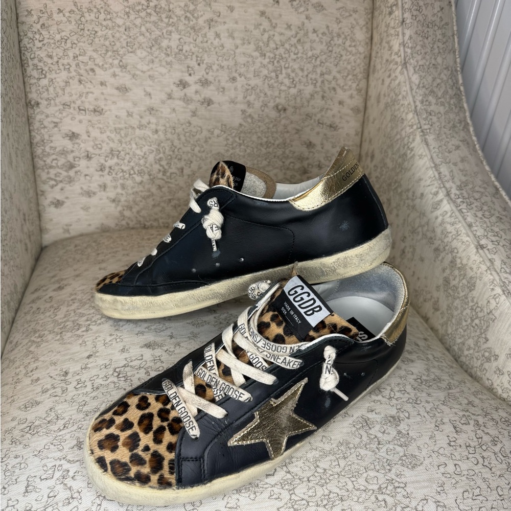 Golden Goose Black/Leopard/Gold Calf Hair Super-Star Private/Edt- Size 39 (9)